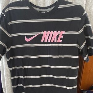 Nike Black Tee with White Stripes and Pink Logo